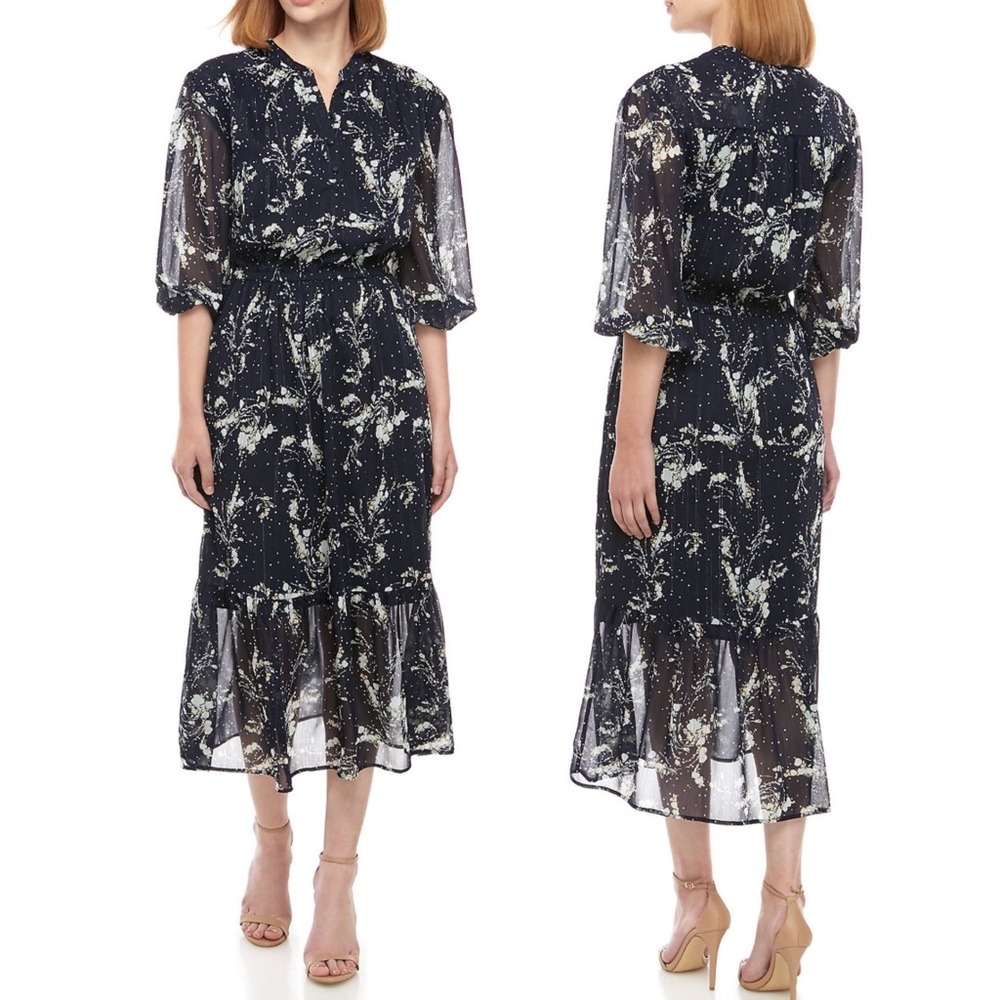 Kaari Blue Split Neck Midi Peasant Dress